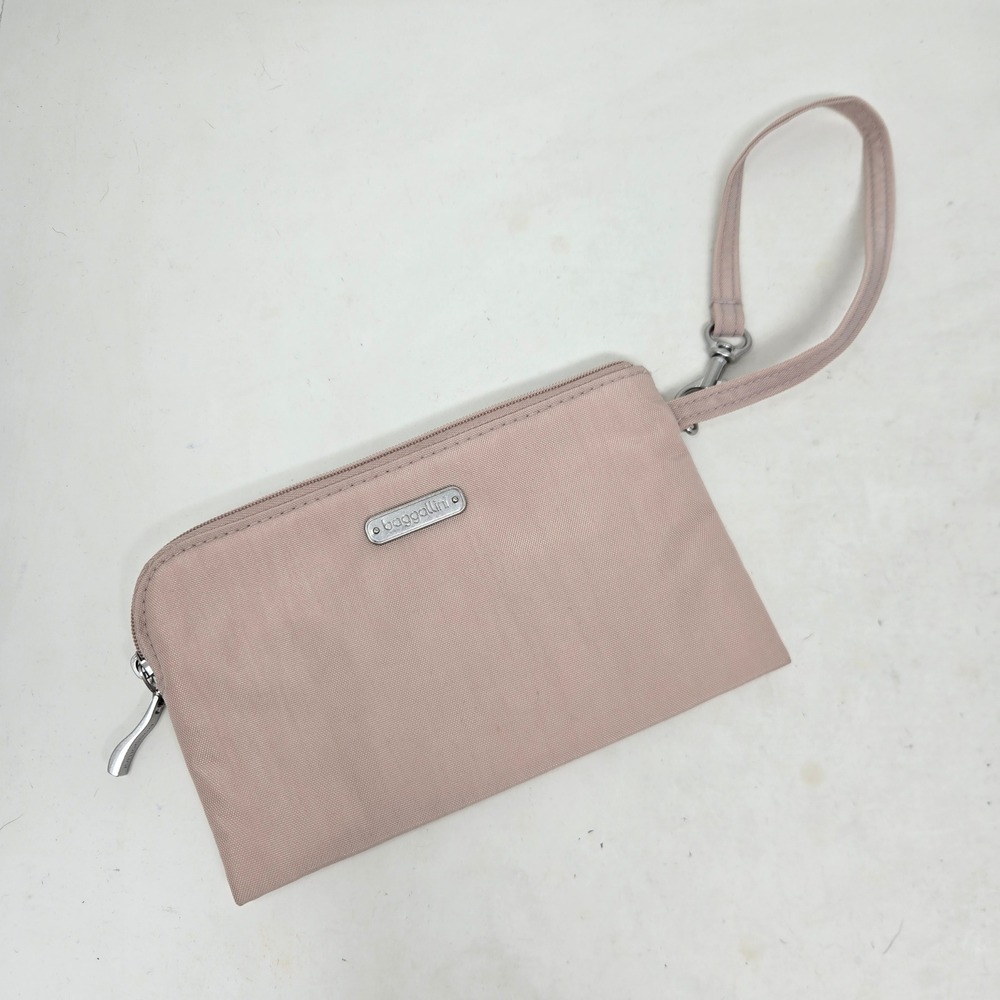Baggallini RFID Blocking Wristlet Clutch Bag Pink Nylon Travel Wallet Pouch